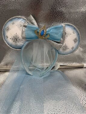Disney Parks Cinderella Minnie Ears Headband Blue Veil Snowflake Princess Ears